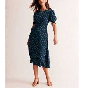 Boden Short Sleeve Corinne Midi Dress Blue With Green Polka Dots Tea Dress 4R